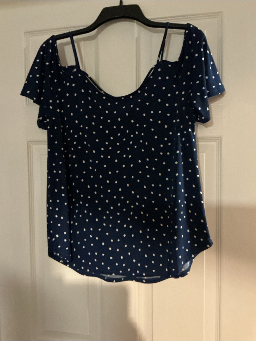 Kaileigh Navy White Polka Dot Cold-Shoulder Blous